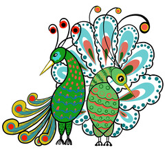 animated peacock couple on first dating  bohemian dressed with coronas, shyly turn away heads from each other and lean the torso together 