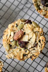 Mixed Nut and Dried fruits and Seeds Florentine, Gluten free whole foods Healthy biscuit cookies. set on cafe table.