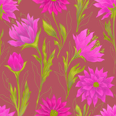 Fototapeta na wymiar Beautifull seamless pattern with purple dahlia.Botanical illustration. Fabric , textile design.