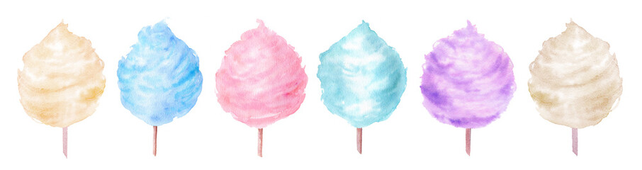 Set of vanilla, mint, strawberry, berry, blueberry cotton candy in a stick vintage watercolor illustration isolated on a white background suitable for food designs