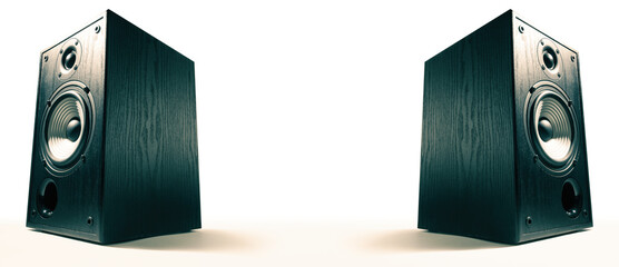 Two sound speakers with free space between them on white background.