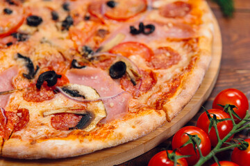 pizza on a wooden table in restaurant