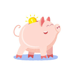 Cheerful pink funny piggy Bank smiles. A gold coin in a piggy Bank. Piggy bank. Moneybox. Coin box.