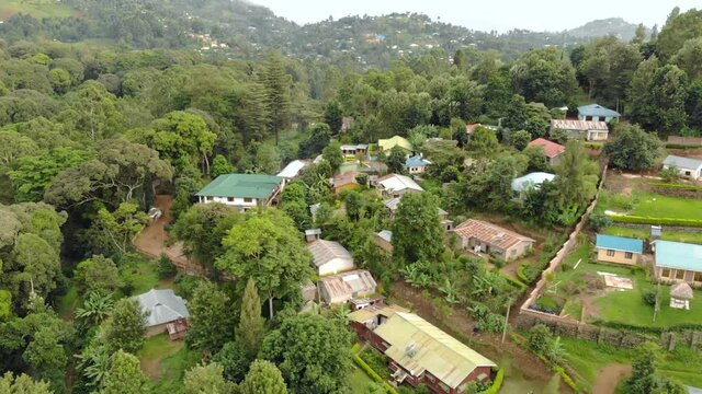 Aerial Flyby SHot of Lushoto Town based in Tanga Region of Tanzania, Remote calm district in Usambara Mountains in East Africa