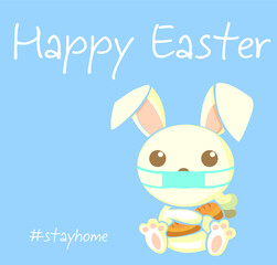 Obraz na płótnie Canvas happy easter. stay home. coronavirus bunny with medical mask. covid-19 bunny. CORONAVIRUS EASTER RABBIT. Easter bunny isolated on blue background.