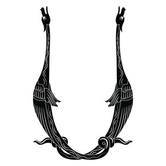 Symmetrical animal decor with two fantastic medieval dragons. U shape. Black and white silhouette. Gothic illuminated manuscript style. © Olena