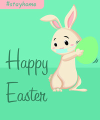 happy easter. stay home. coronavirus bunny with medical mask. covid-19 bunny. CORONAVIRUS EASTER RABBIT. Easter bunny isolated on blue background.