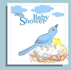 Fototapeta premium Baby shower invitation with small bird in the nest 