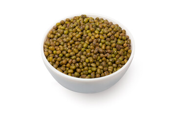 Bowl with dry green beans isolated on white background