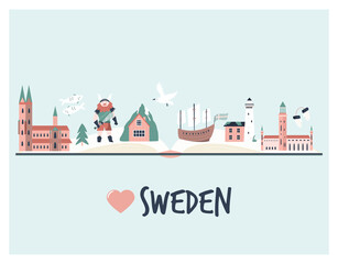 Tourist poster with famous destinations and landmarks of Sweden. Explore Sweden concept image.