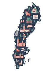 Illustrated map of Sweden with symbols, icons, famous destinations, attractions. © danceyourlife