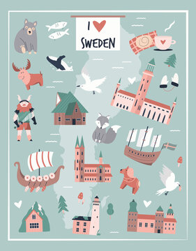 Tourist poster with famous destinations and landmarks of Sweden. Explore Sweden concept image.
