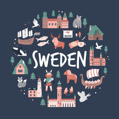 Tourist poster with famous destinations and landmarks of Sweden. Explore Sweden concept image. © danceyourlife