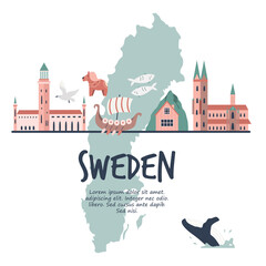 Tourist poster with famous destinations and landmarks of Sweden. Explore Sweden concept image. © danceyourlife