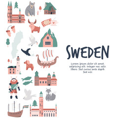 Tourist poster with famous destinations and landmarks of Sweden. Explore Sweden concept image.