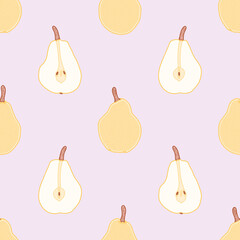 Half pear vector repeat pattern. Sweet yellow fruit seamless illustration background.