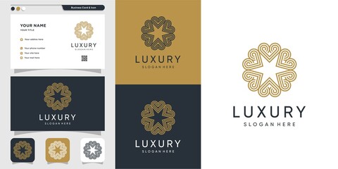 Luxury ornament with line art logo and business card design, luxury, abstract, beauty, ornament, icon Premium Vector
