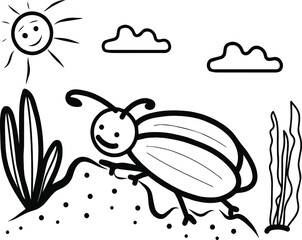 A  bug in the nature, colouring page, hand drawing, vector, illustration for coloring books, for childrens book, tattoo, scrapbooking.