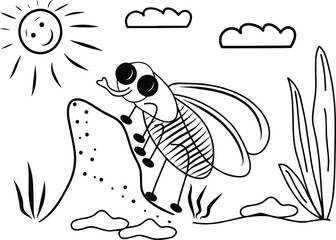 A fly in the nature, colouring page, hand drawing, vector, illustration for coloring books, for childrens book, tattoo, scrapbooking.