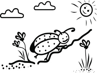 A lady bug in the nature, colouring page, hand drawing, vector, illustration for coloring books, for childrens book, tattoo, scrapbooking.