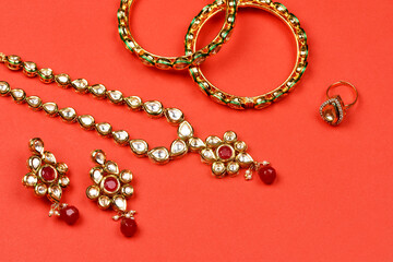 Indian jewellery accessories on  background,kundan necklace set, Indian Traditional Gold Jewellery,Indian wedding jewellery,