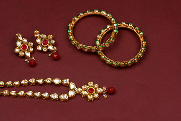 Indian jewellery accessories on  background,kundan necklace set, Indian Traditional Gold Jewellery,Indian wedding jewellery