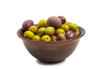 Olives in ceramic brown bowl isolated on white