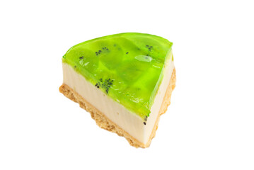 Piece of kiwi cheesecake isolated on white.
