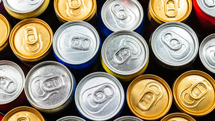 Group of aluminium cans, cold drink. Top view.