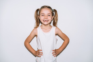 happy blonde girl smiling on a white background