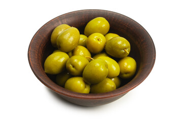 Olives in ceramic brown bowl isolated on white
