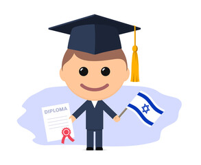 Cartoon graduate with graduation cap holds diploma and flag of Israel