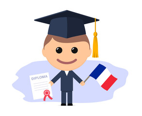Cartoon graduate with graduation cap holds diploma and flag of France