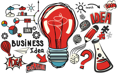 Lightbulb ideas concept doodles icons set and drawing business strategy. Vector illustration.
