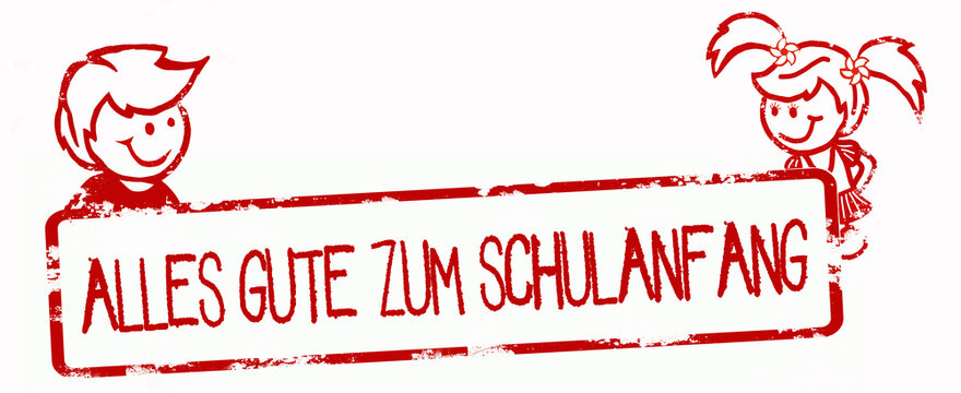 Schulstart Banner Aufkleber - Roter zerkratzter Stempel, mit den Worten: "ALLES GUTE ZUM SCHULANFANG" mit Junge und M&auml;dchen Symbol, isoliert auf wei&szlig;em Hintergrund