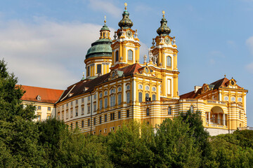 Fototapeta na wymiar The scenic view of Melk abbey. Melk Abbey is a Benedictine abbey above the town of Melk, Lower Austria, Austria, on a rocky outcrop overlooking the Danube river.