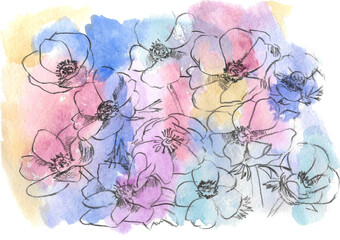 hand drawn watercolor multicolored background with flower pattern in black pencil with paper texture