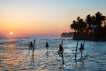 Fishermen on stilts in silhouette at the sunset in Galle, Sri Lanka - obrazy, fototapety, plakaty