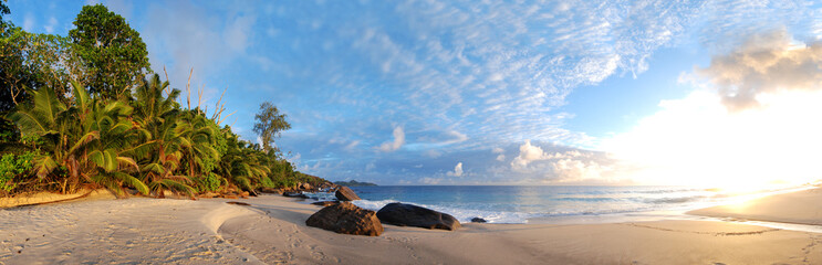 Seychelles beach like paradise with white sand and sunrise or sunset perfect travel and holiday...