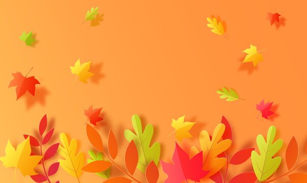 Autumn background in cut paper style. Papercut falling leaves autumn wallpaper. Autumn leaf is cut out of cardboard in green, yellow and orange. Vector card illustration for Thanksgiving day holiday