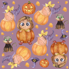 Halloween holiday. Seamless pattern. Cute illustrations - cute kids in an orange pumpkin, a hurrying baby in a hat, a black cat, a pumpkin, a purple witch hat, Jack Flashlight. Watercolor