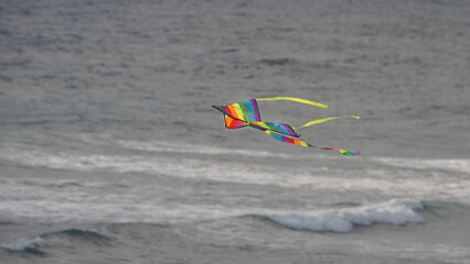 A multi-colored kite flying on a thin rope tends to up against the background of the sea