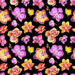 Phalaenopsis orchid seamless pattern on a black background, watercolor illustration, print for fabric and other designs.