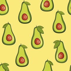 Vector seamless background with avocado fruit on a yellow background. Texture for eco and healthy food seamless pattern for kitchen, for printing on textiles and phone case..