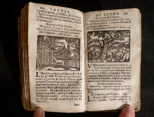 A small printed edition of Aesop's fables printed in Italian from the seventeenth century. 