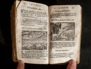 A small printed edition of Aesop's fables printed in Italian from the seventeenth century. 
