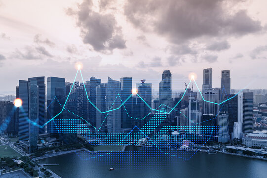 Market behavior graph hologram, sunset panoramic city view of Singapore, popular location to achieve financial degree in Asia. The concept of financial data analysis. Double exposure.