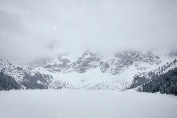 winter view of Morskie Oko. Zakopane Poland during severe snowfall.