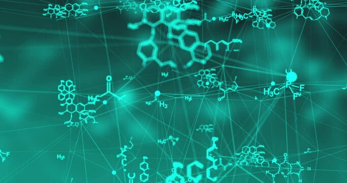 Chemical formulas move in space, science and mathematical research and development concepts. Video loop