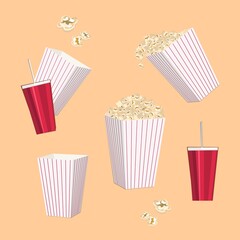 Set of popcorn, isolated on orange background. Vector illustration popcorn background for cinema, movie, film, food, theater, design.